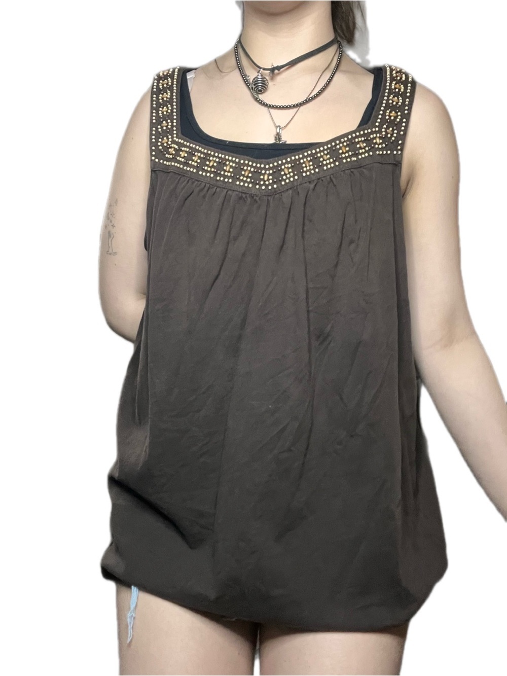 Basic Editions brown sleeveless tank top with beaded/embellished neckline ✨